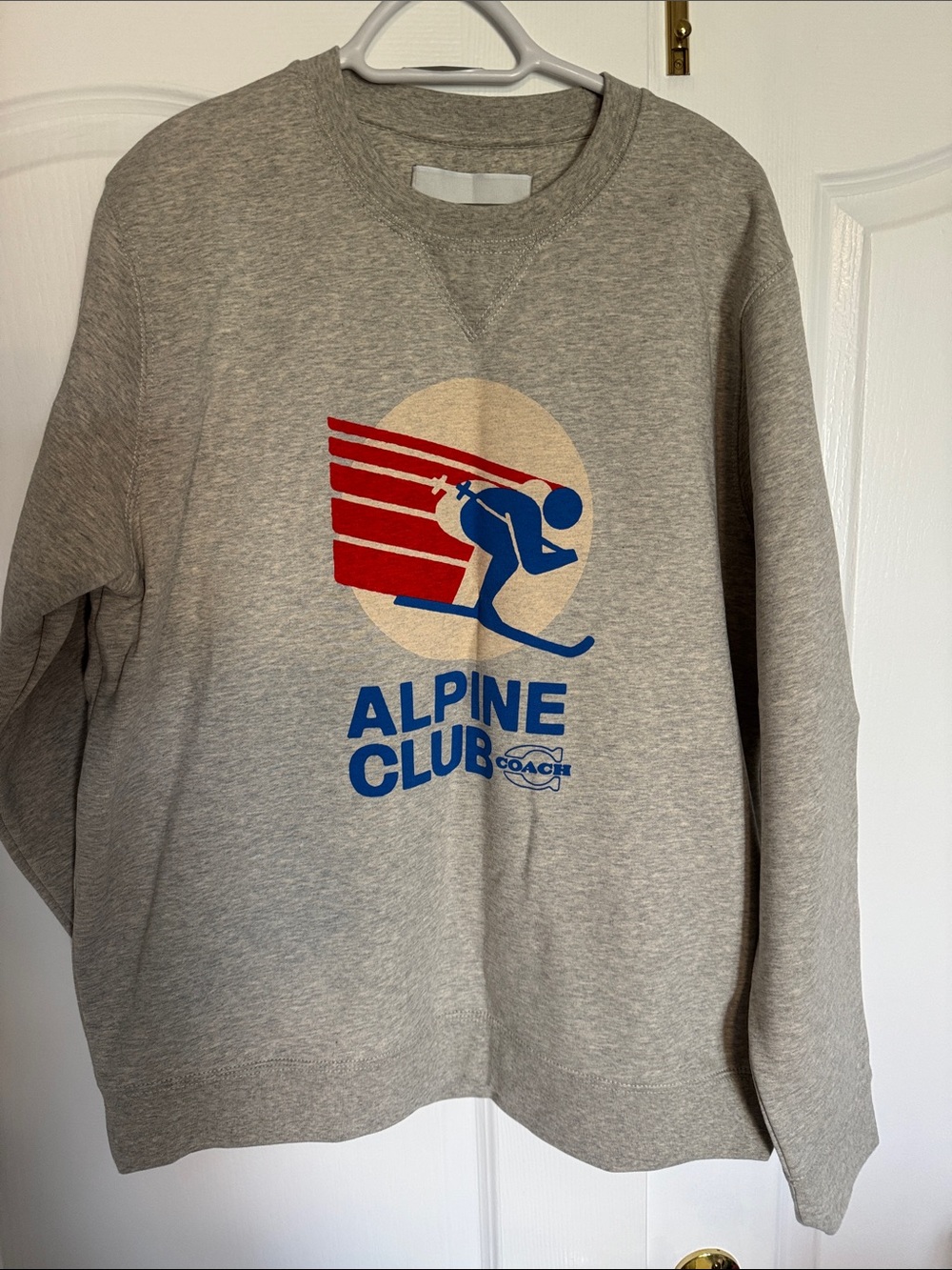 Coach Grey Crewneck Sweater with Red & Blue Alpine Graphic